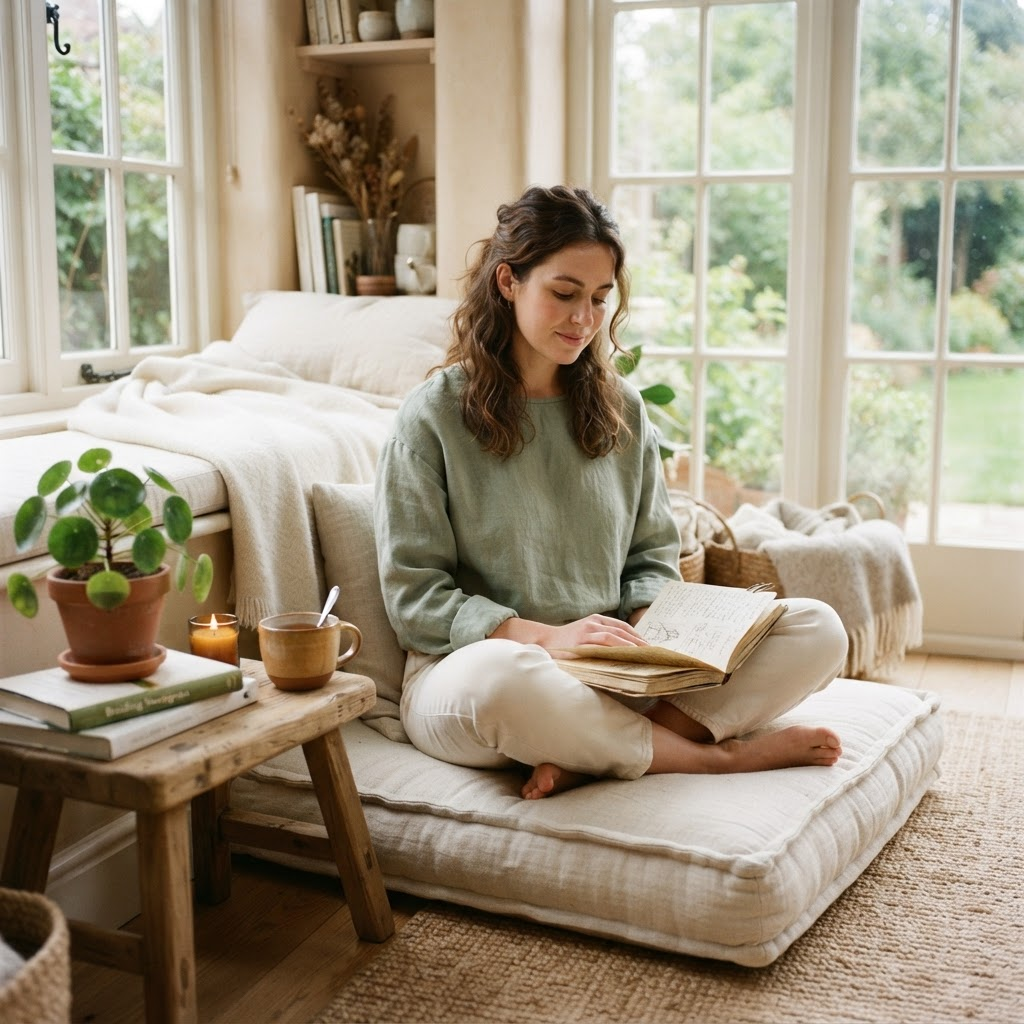 A person reading peacefully in a warm, light-filled wellness space