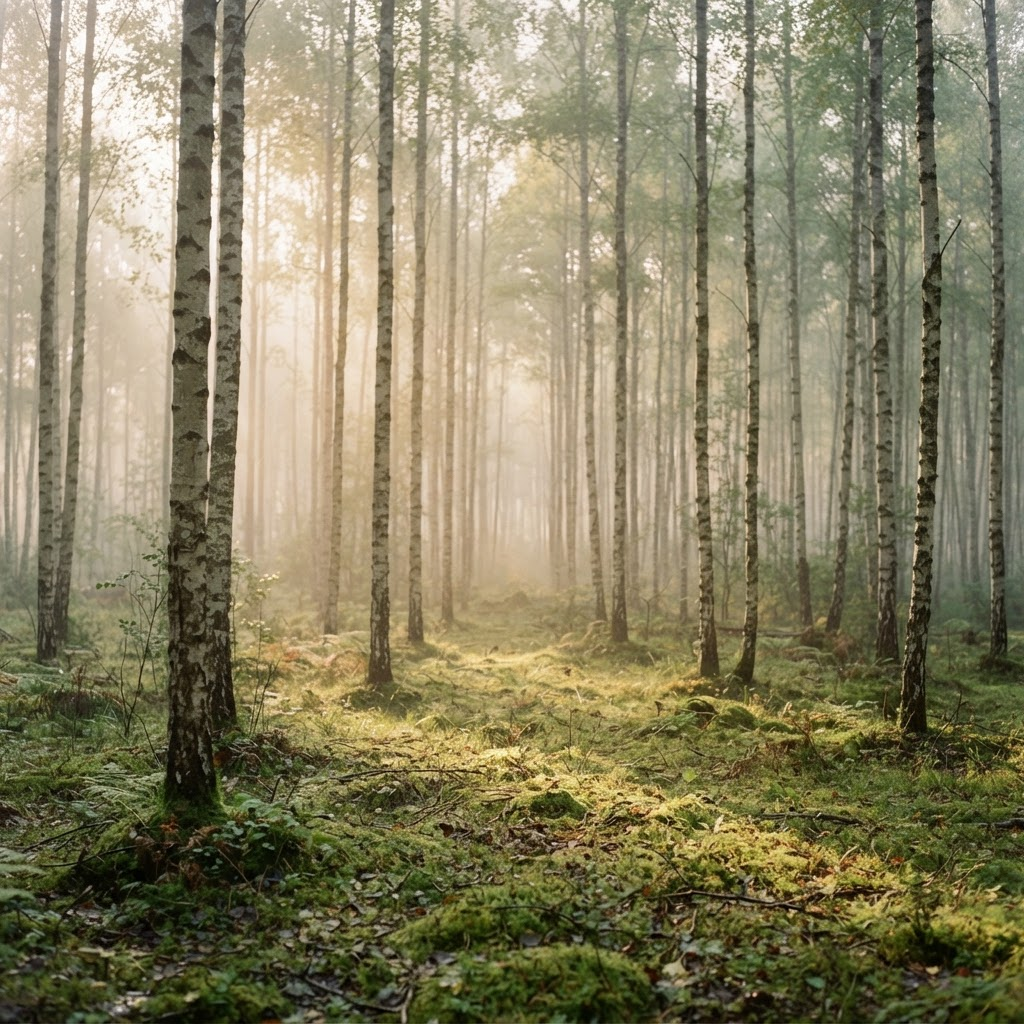 Soft morning light filtering through trees — a serene, still moment